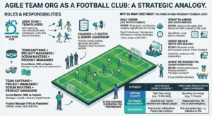 'Infographic showing Agile team roles mapped to a football club — players, Scrum Master, Product Owner, coaching staff and board